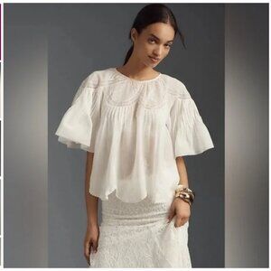 FARM Rio Off White Embroidered Short Sleeve Blouse Size Medium NWOT